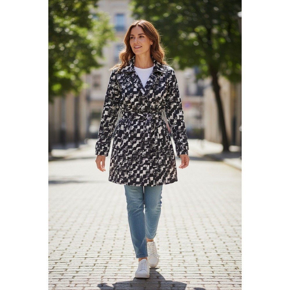 Madison Studio Black White Abstract Print Belted Trench Coat Women's Large